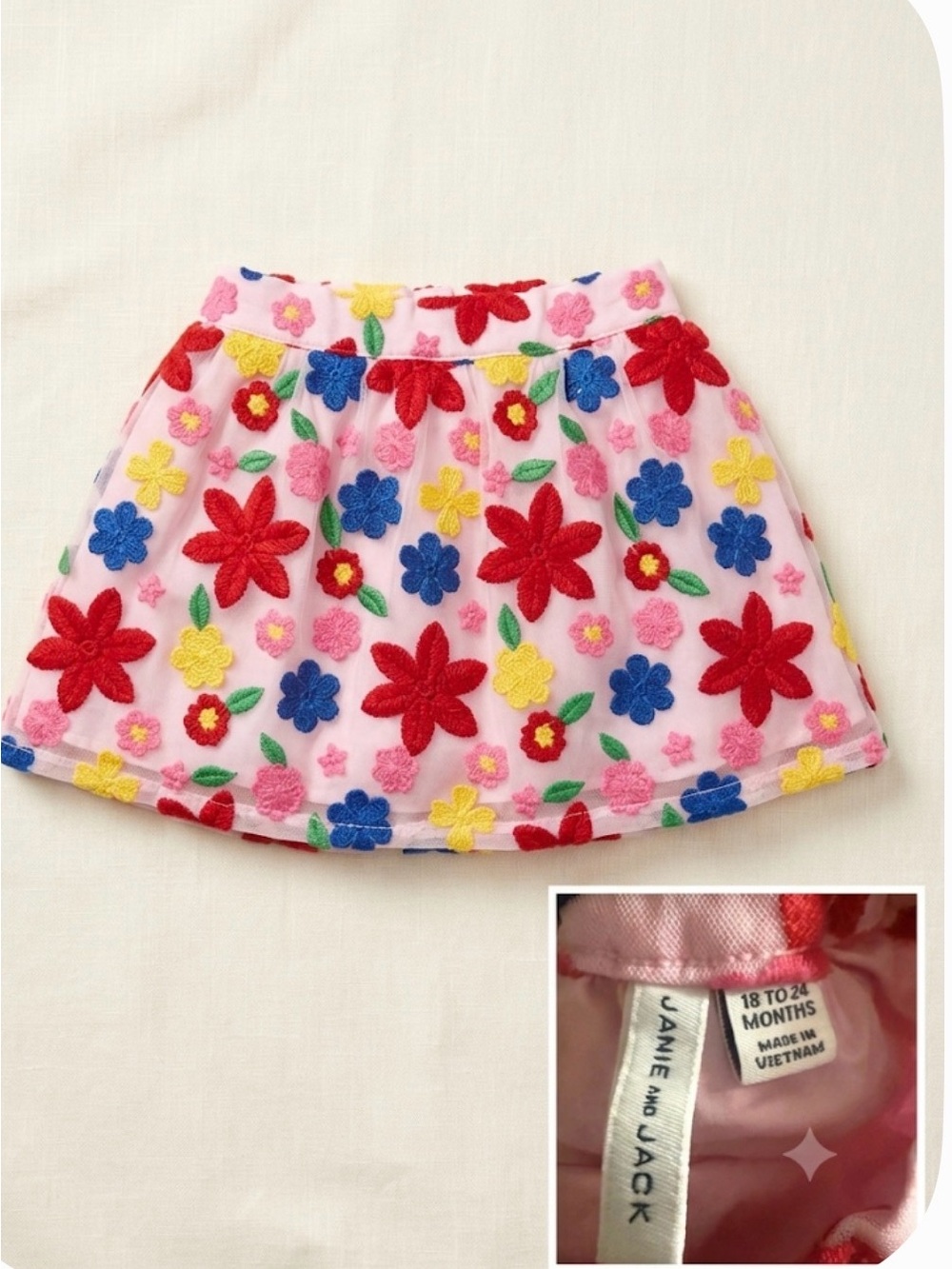 Janie and Jack Pink Floral Embroidered Skirt with Red, Blue & Yellow Flowers